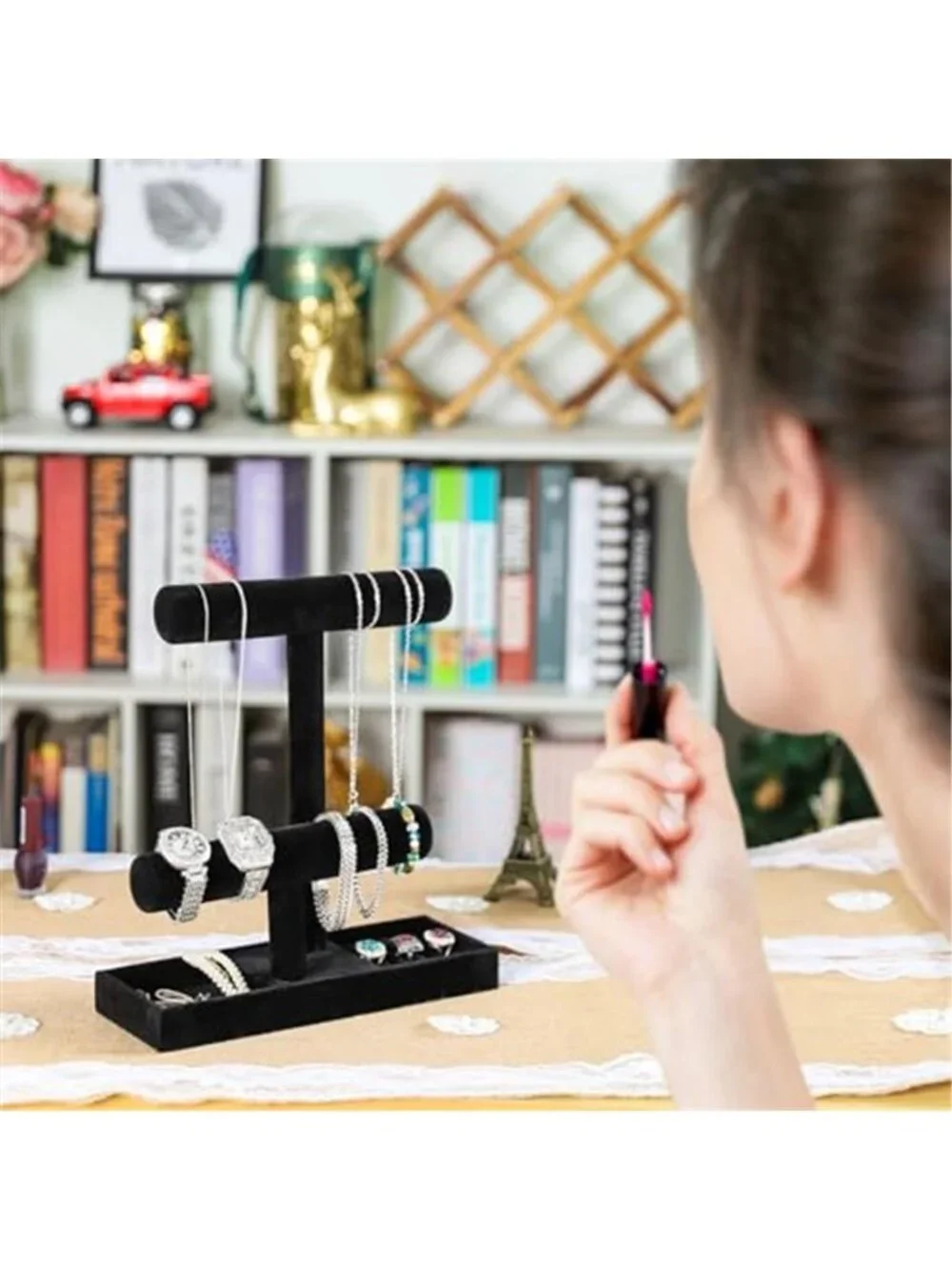 2Tier Jewelry Holder,Necklace Bracelet Organizer Stand (Black) with earring Tray